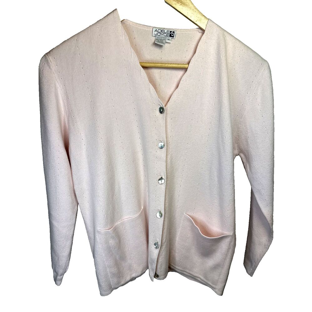 Vintage Adele Pink Cotton Cardigan Sweater M Pointelle Coquette Downtown Girl
